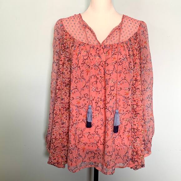 French Connection Pink Savana Sheer Folk Top Size 4US - Picture 3 of 10